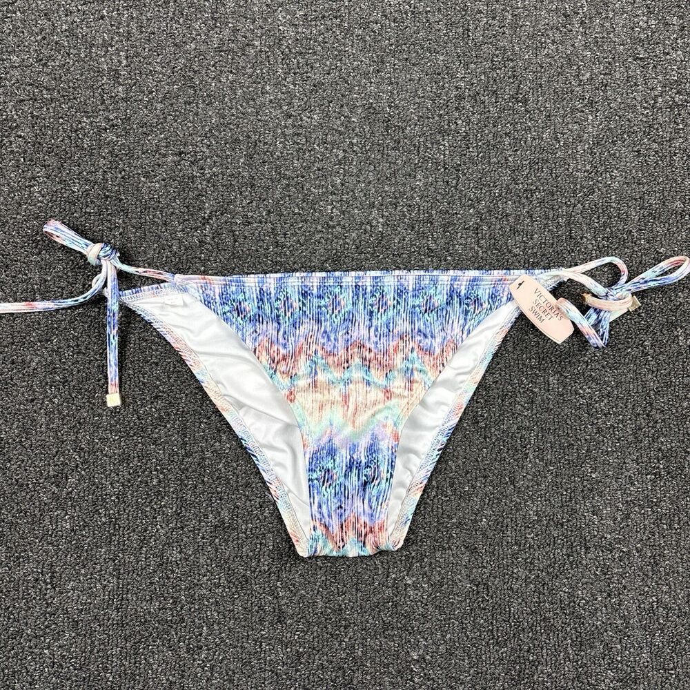 NEW Victoria Secret Swim Bikini Bottom Skimpy String Blue Pink Tie Up Size Large
